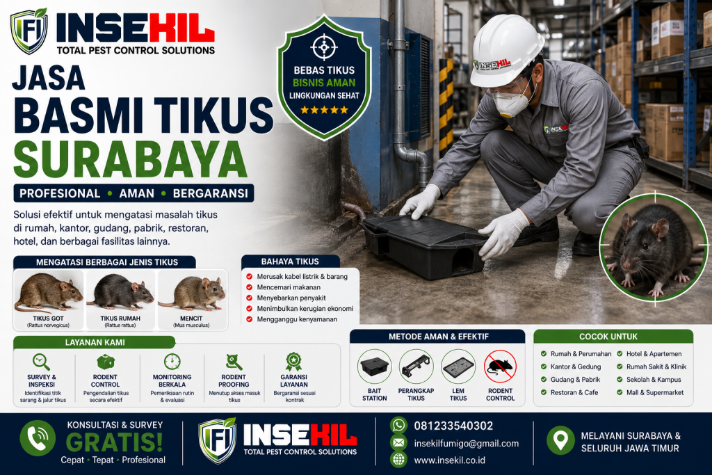 Teknisi PT Insekil Fumigo Indonesia melakukan layanan pengendalian tikus profesional di area komersial di Surabaya menggunakan metode rodent control yang aman dan efektif.
